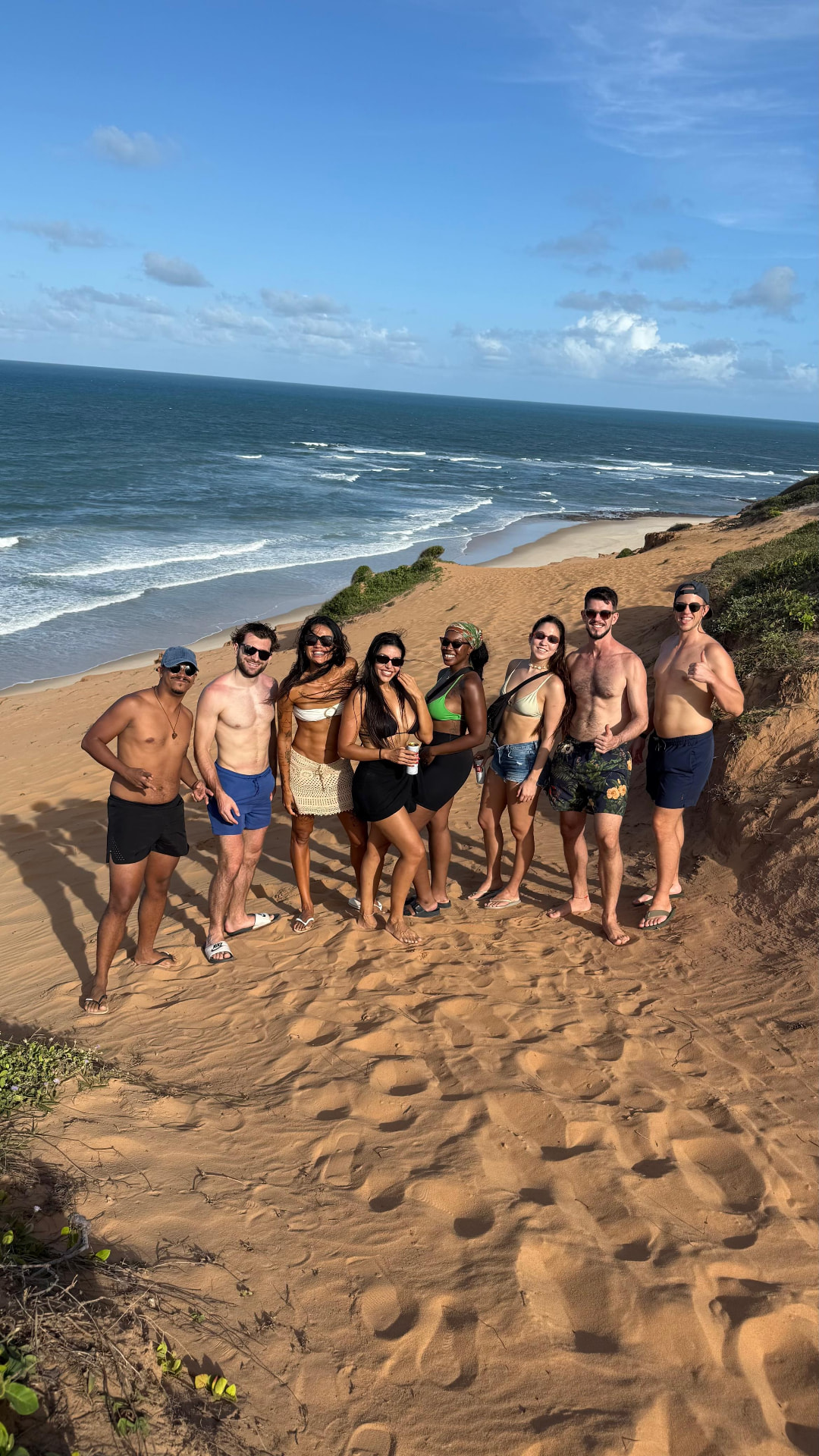 The whole group on a sand dune above the beach