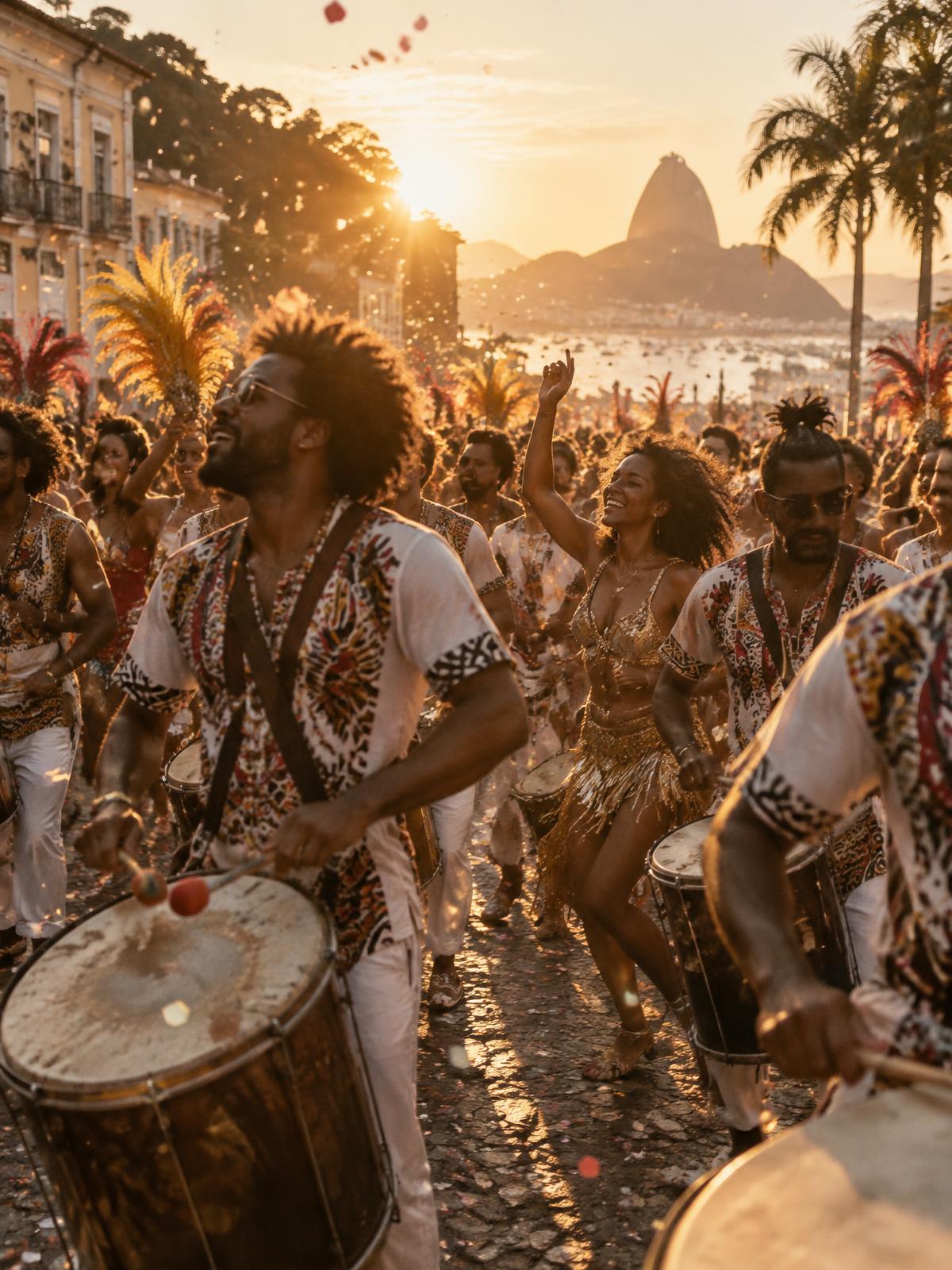 Crowd dancing behind drummers at a Rio street Carnival at golden hour